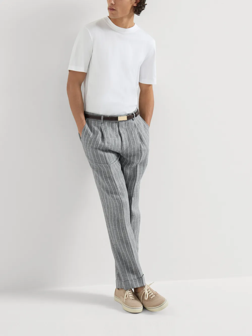 Chalk-Stripe Linen Twill Trousers With Pleat