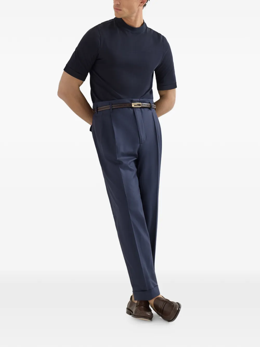 Brunello Cucinelli Broek van scheerwol met chevron streep en dubbele plooien Blauw