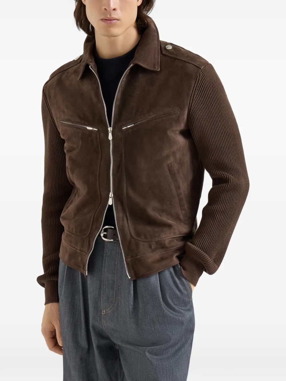 Brunello Cucinelli Ribgebreid suède jack Bruin