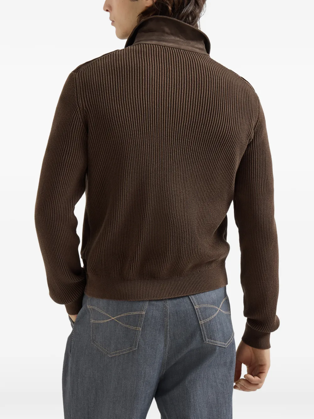 Brunello Cucinelli Ribgebreid suède jack Bruin