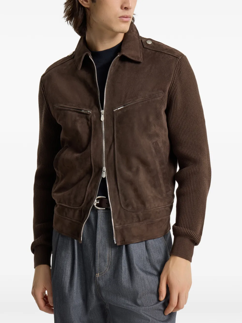  Brunello Cucinelli Ribbed-knit Suede Jacket - Brown 