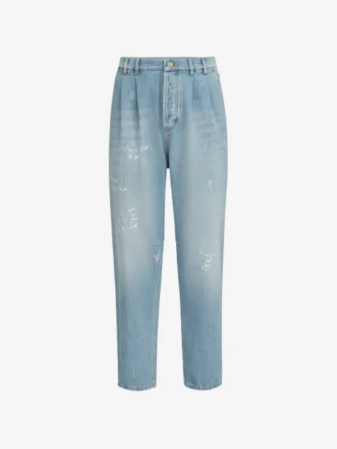 Brunello Cucinelli lightweight denim iconic fit five-pocket trousers with double pleats and rips