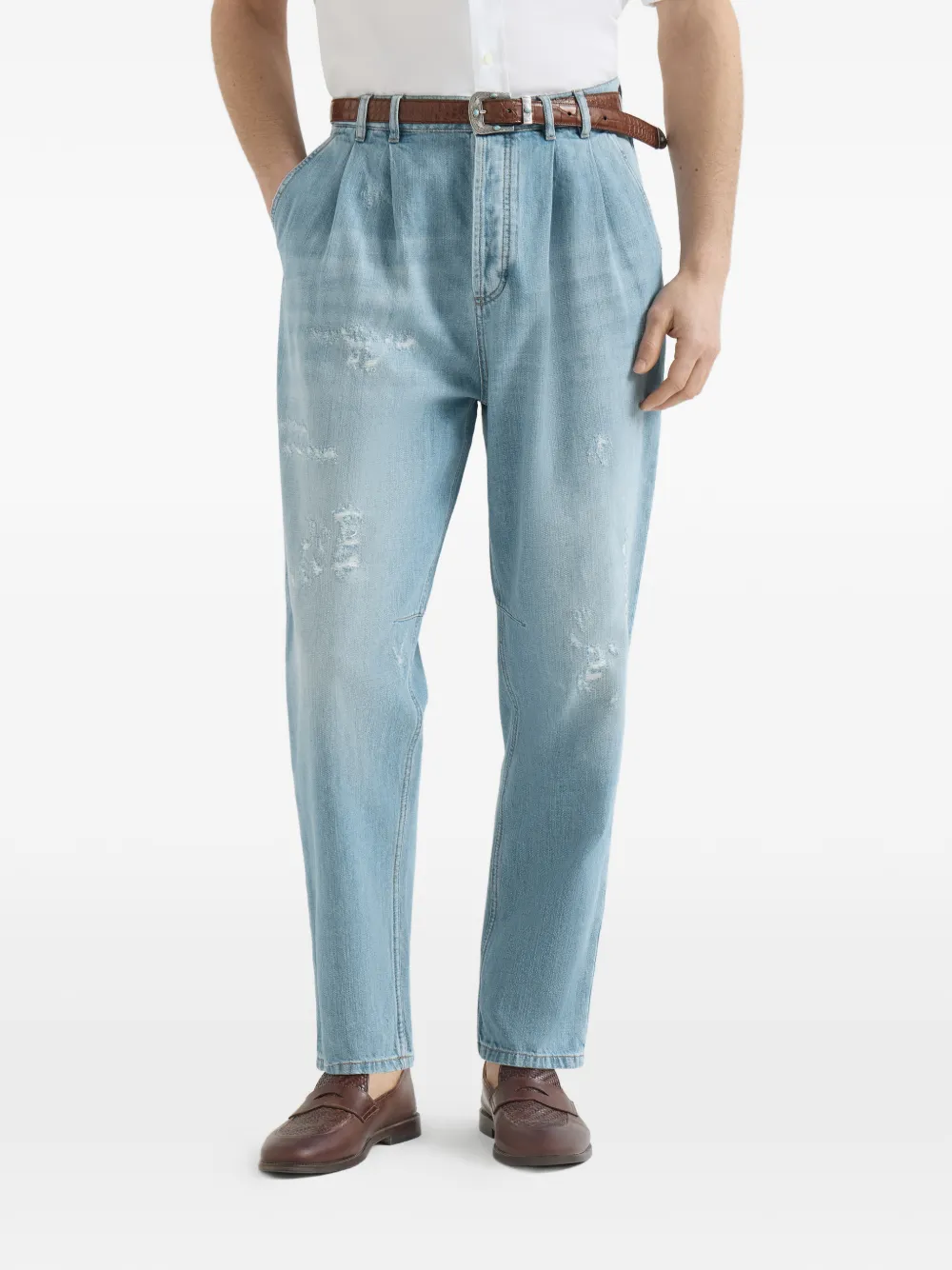  Brunello Cucinelli Pantalon Léger En Jean Iconic Fit à Cinq Poches Avec Double Plis Et Déchirures - Bleu 