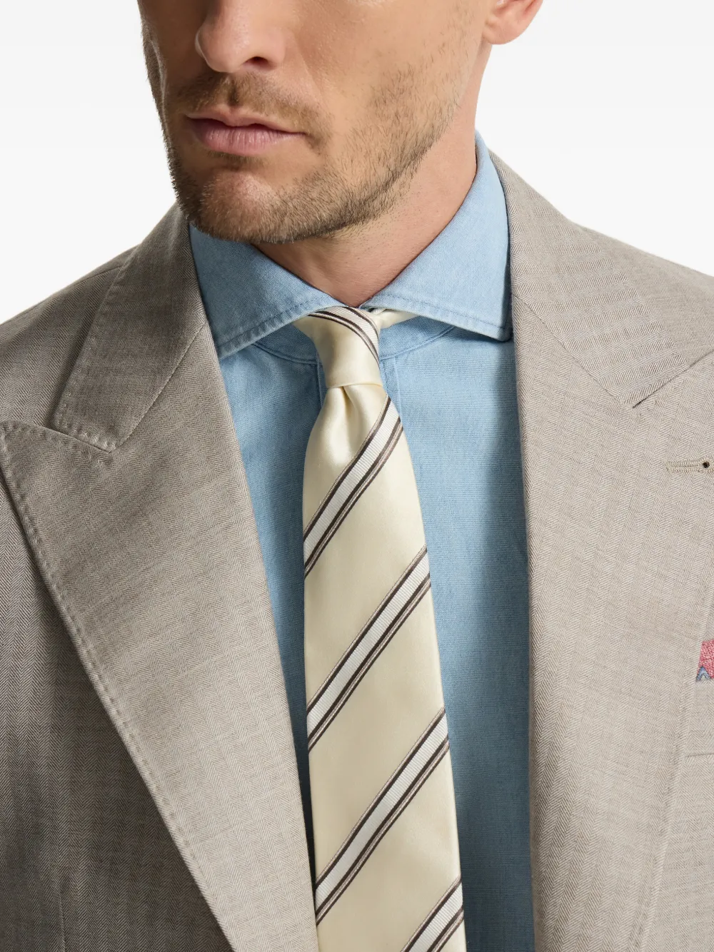  Brunello Cucinelli Regimental Stripe Silk And Cotton Tie - Neutrals 