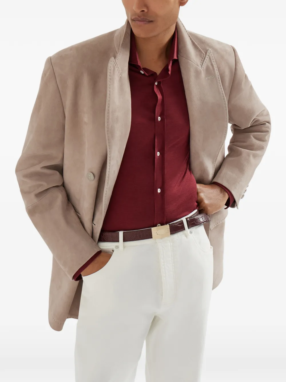 Brunello Cucinelli Suède blazer met metalen knopen Bruin