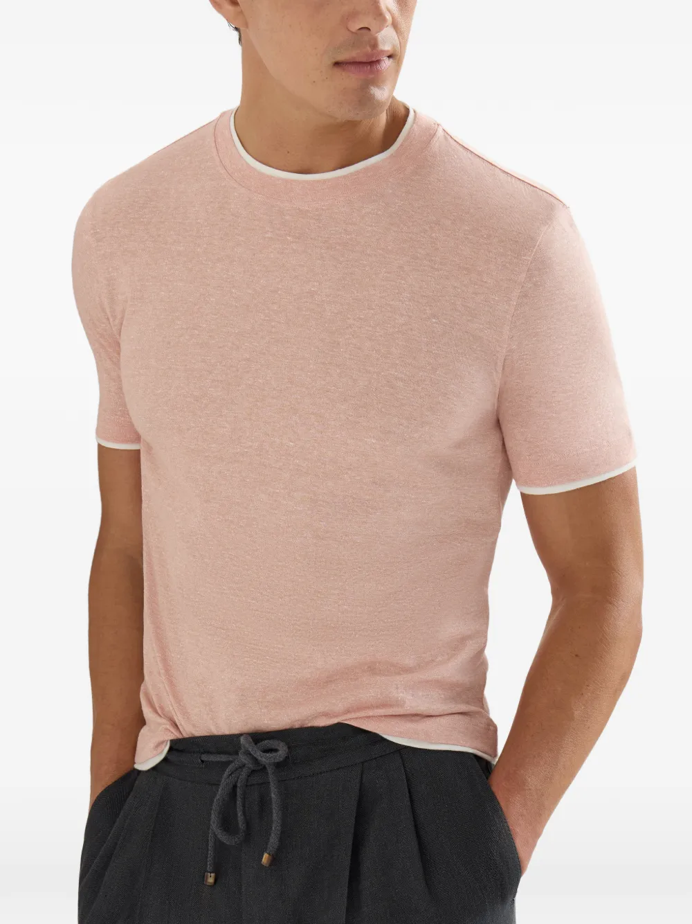 Brunello Cucinelli T-shirt van linnen en katoenblend met ronde hals en imitatielaag Roze