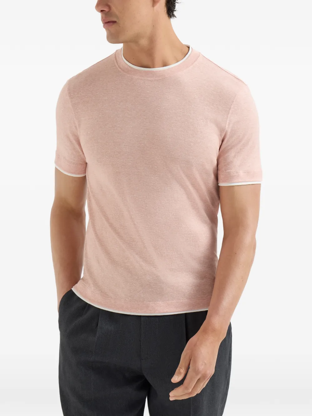 Brunello Cucinelli T-shirt van linnen en katoenblend met ronde hals en imitatielaag Roze