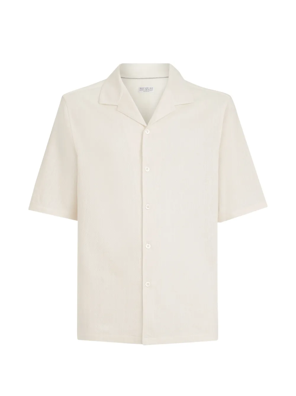 Brunello Cucinelli linen and cotton chevron jersey short sleeve shirt with camp collar - Nude