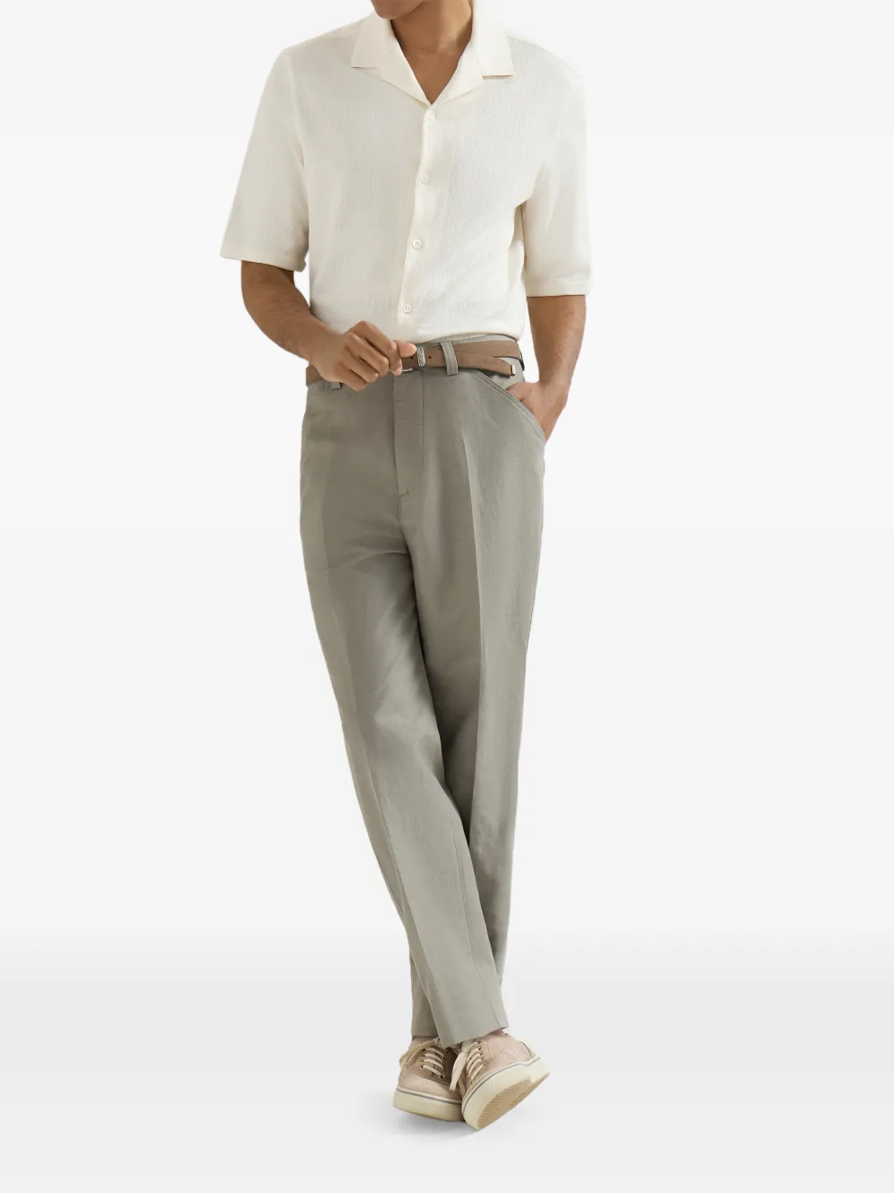 Brunello Cucinelli Katoenen en linnen Panama broek met plooi Grijs