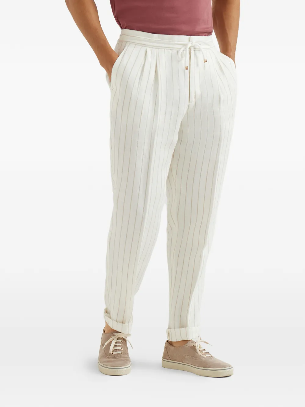 Brunello Cucinelli Gestreepte plooibroek met trekkoord Beige
