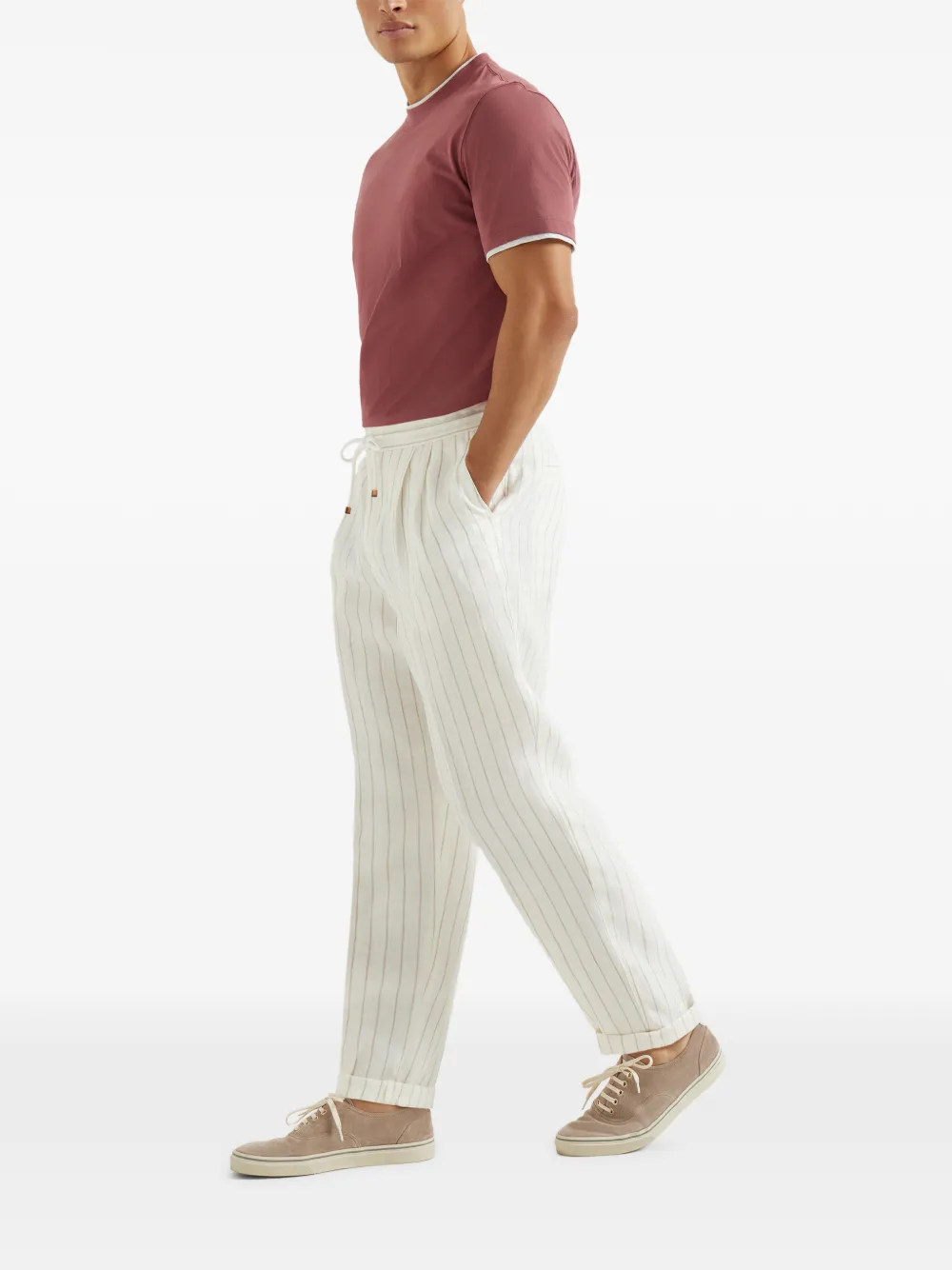 Brunello Cucinelli Gestreepte plooibroek met trekkoord Beige