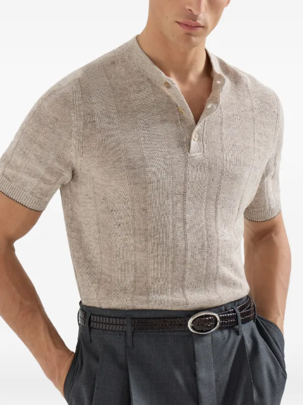 【新品定価13万】BRUNELLO CUCINELLI　半袖ニットシャツ Brunello Cucinelli Ribbed Henley-collar T-shirt | Neutrals | FARFETCH