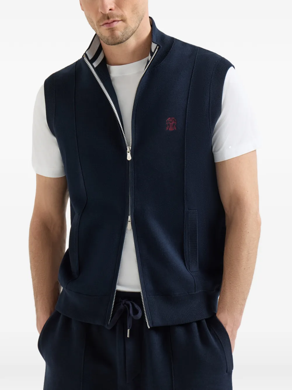 Brunello Cucinelli Katoenen en zijden badstof dubbelgebreide top met logo Blauw