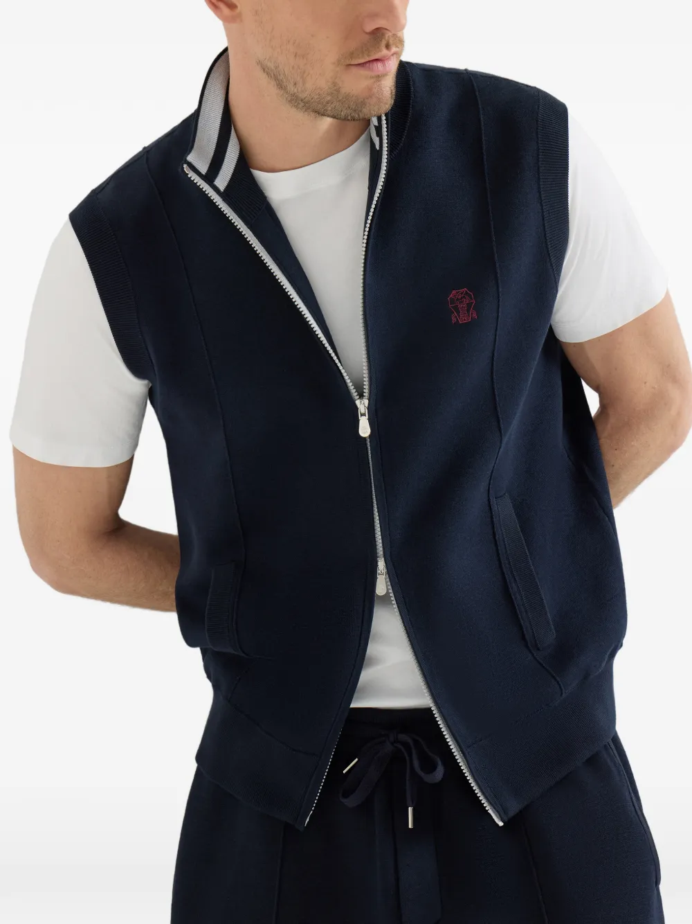 Brunello Cucinelli Katoenen en zijden badstof dubbelgebreide top met logo Blauw