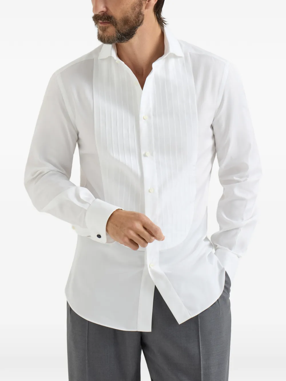 Brunello Cucinelli Sea Island katoenen twill slim-fit overhemd met puntkraag en geplooide bies Wit