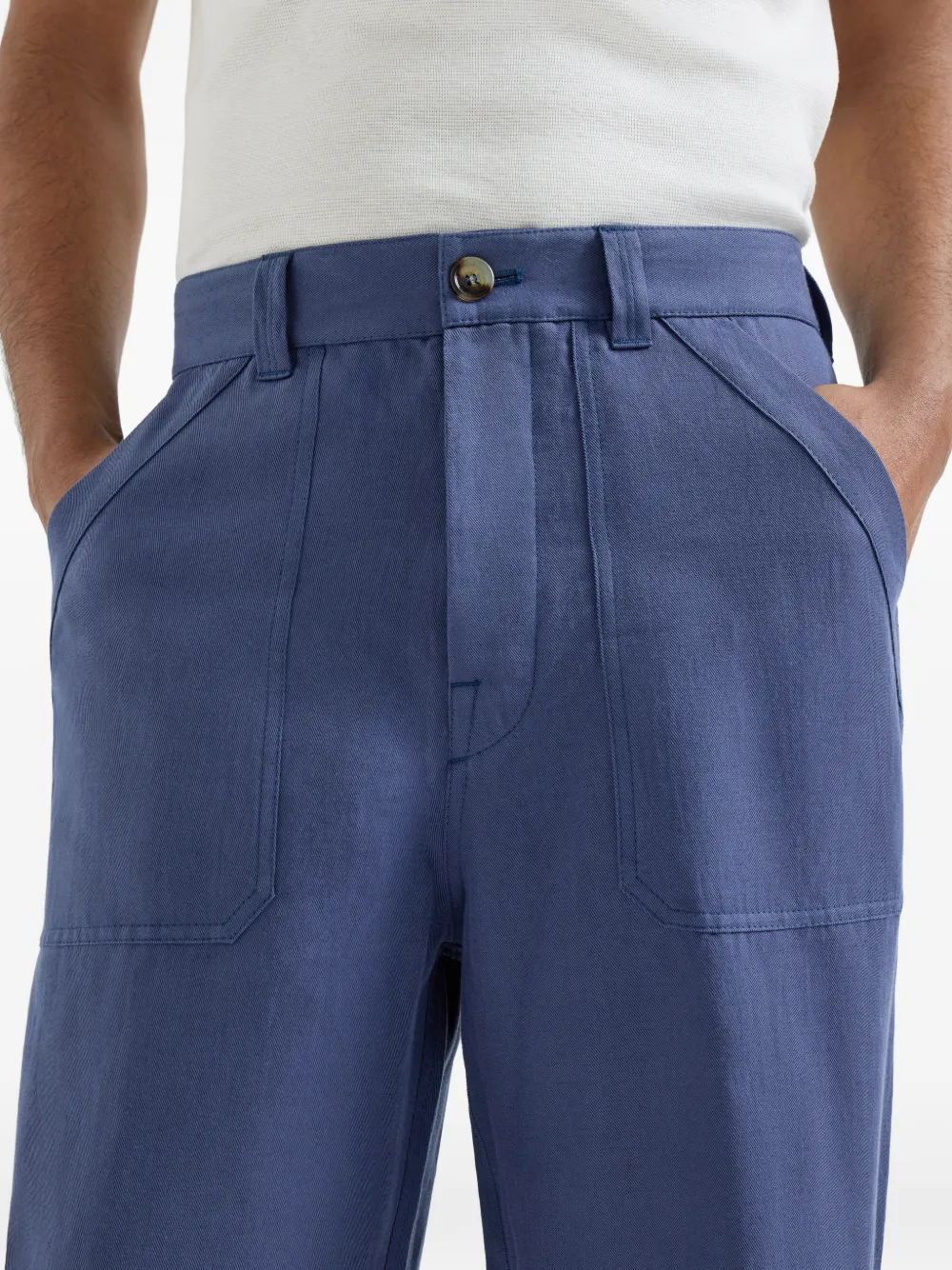 Linen And Cotton Drill Trousers With Patch Pockets And Drawstring