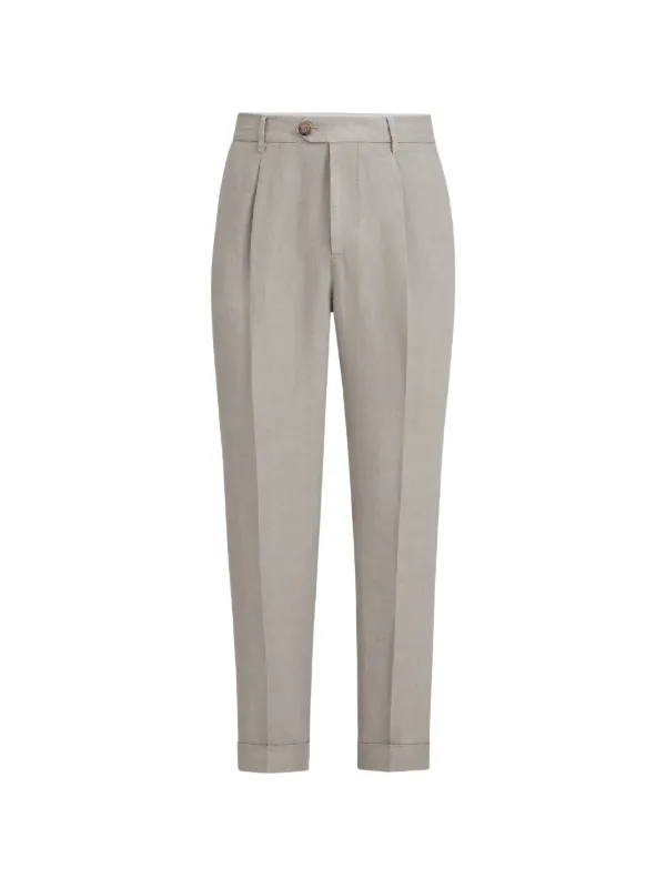 Brunello Cucinelli Garment-dyed Trousers in Linen Gabardine with Pleat in Neutrals