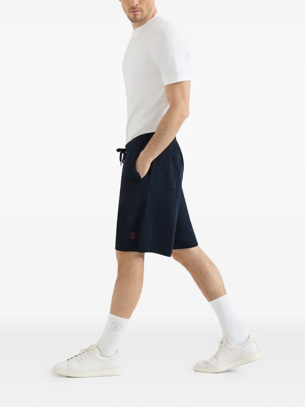 Brunello Cucinelli Katoenen en zijden badstoffen dubbelgebreide bermuda shorts met logo Blauw