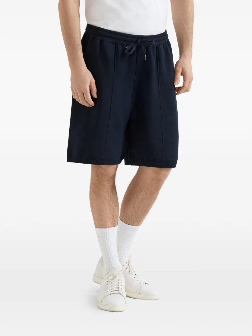 Brunello Cucinelli Katoenen en zijden badstoffen dubbelgebreide bermuda shorts met logo Blauw