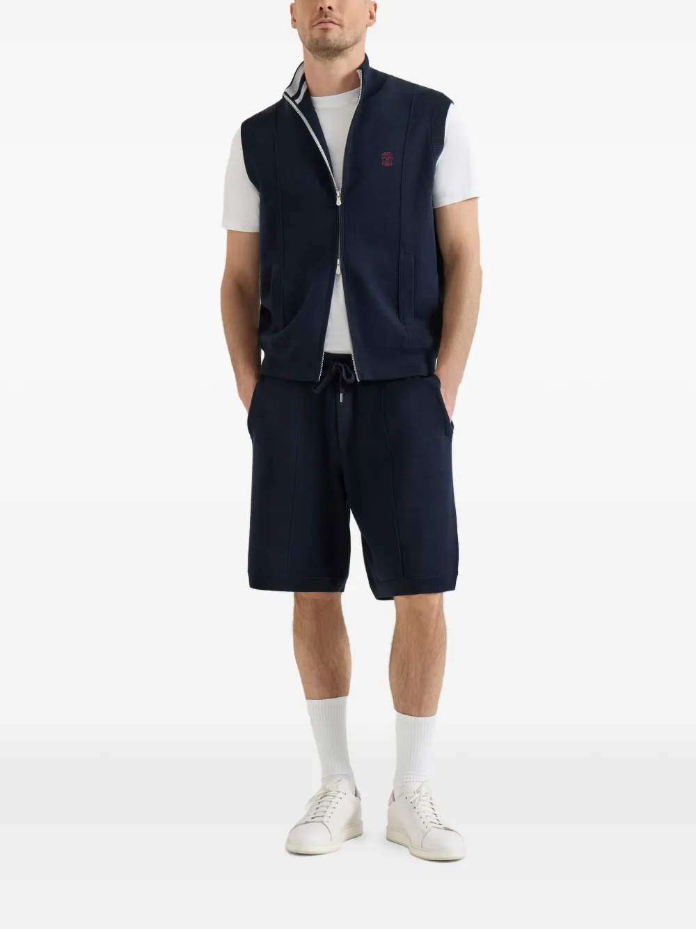 Brunello Cucinelli 코튼 앤 실크 프렌치 테리 더블 니트 로고 버뮤다 쇼츠 | 트랙 & 러닝 쇼츠