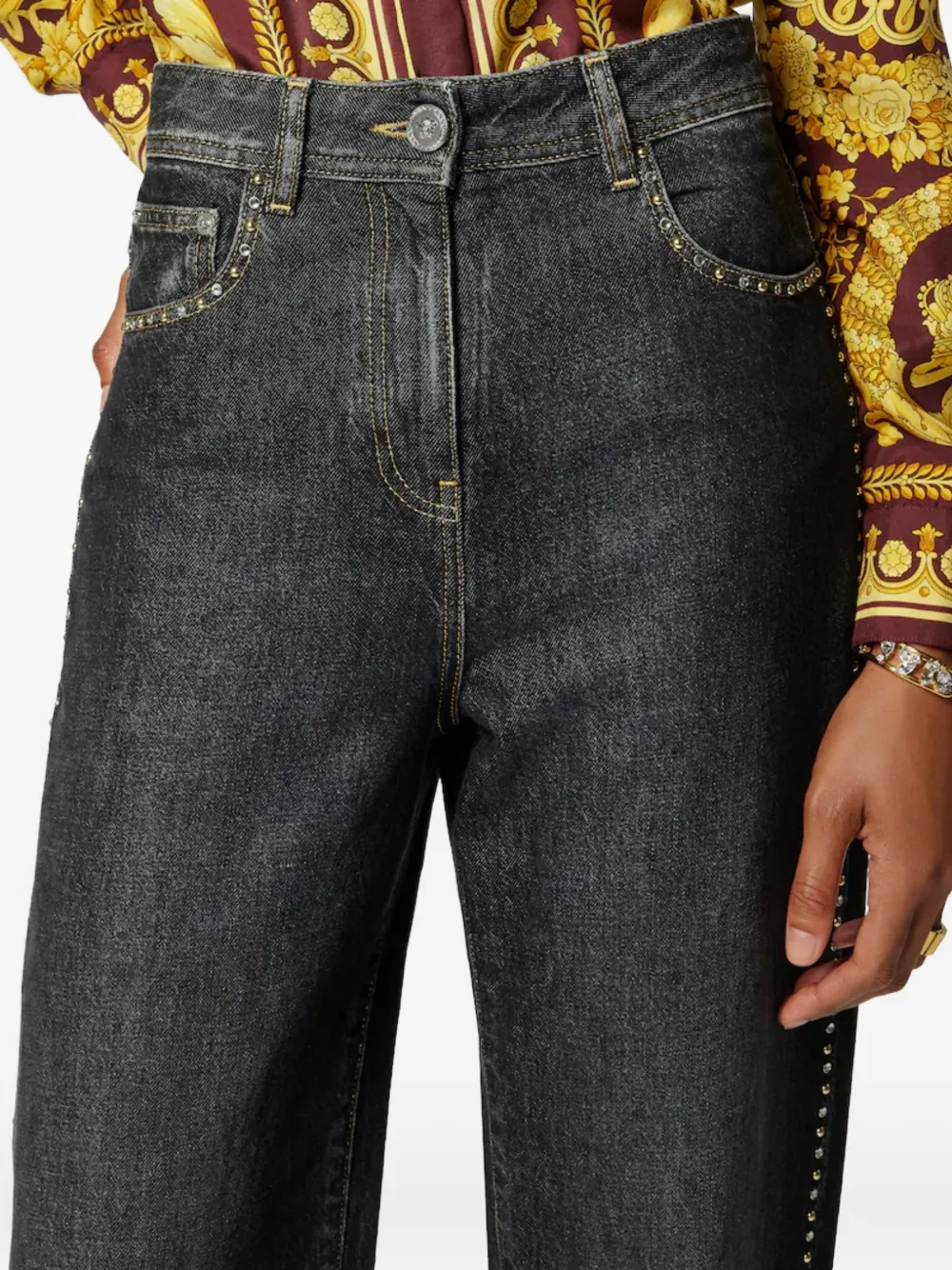 Versace High waist denim broek met studs Zwart