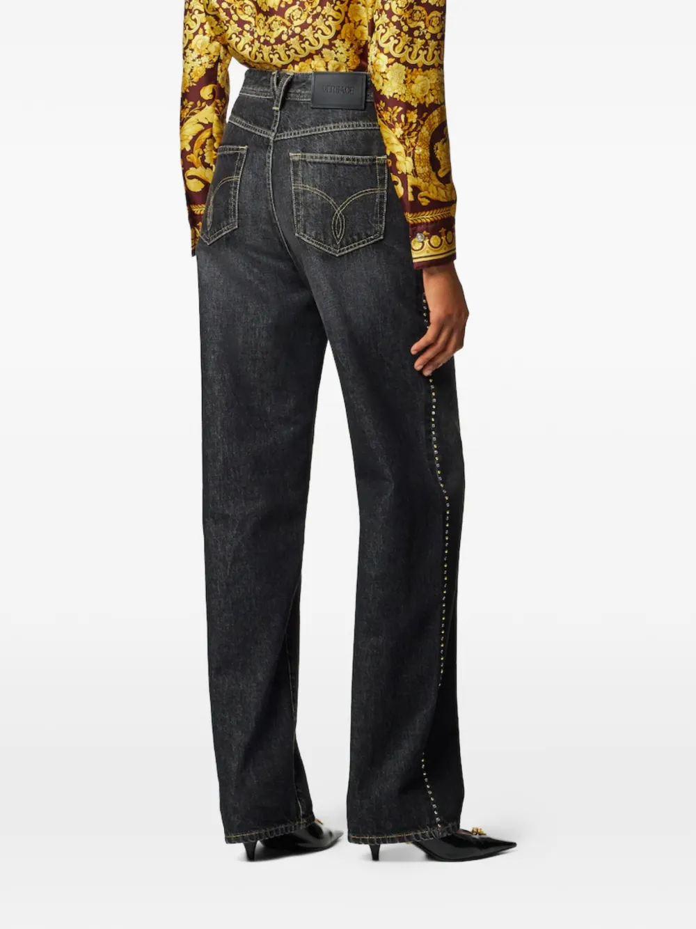 Versace High waist denim broek met studs Zwart