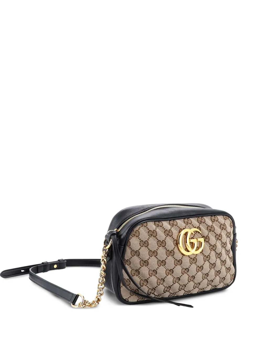 Pre-owned Gucci Gg Marmont Shoulder Bag Diagonal Quilted Gg Canvas With Leather Small Crossbody Bag In Black
