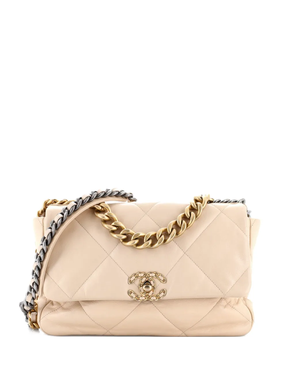 Pre-owned Chanel 19 Flap Bag Quilted Leather Large Crossbody Bag In Neutral