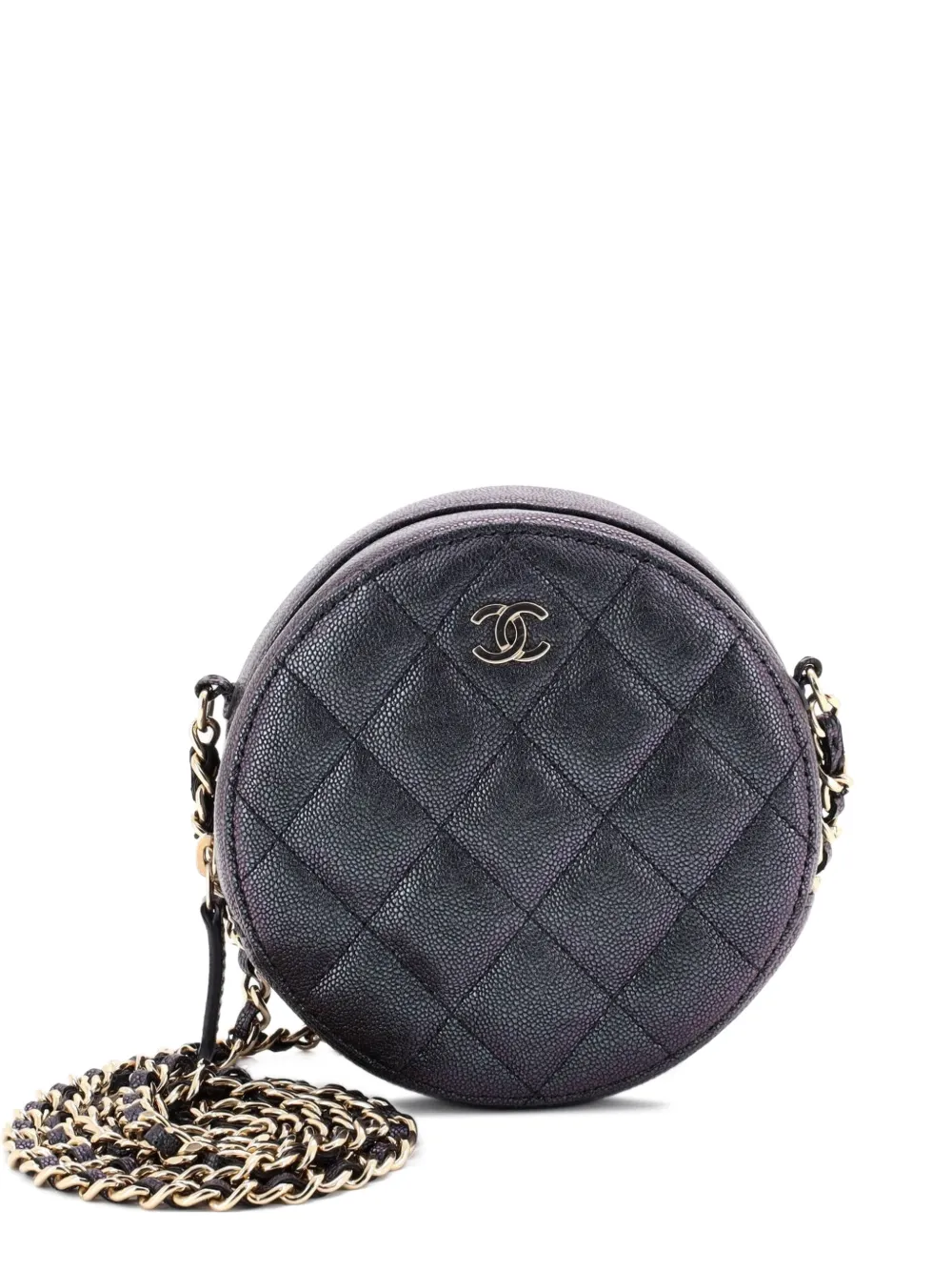 Pre-owned Chanel Round Clutch With Chain Quilted Iridescent Caviar Mini Crossbody Bag In Black