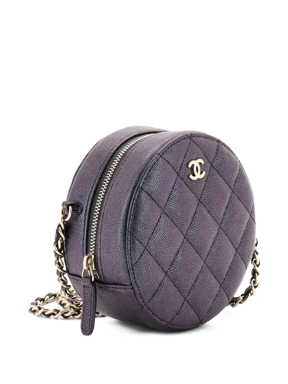 Pre-owned Chanel Round Clutch With Chain Quilted Iridescent Caviar Mini Crossbody Bag In Black