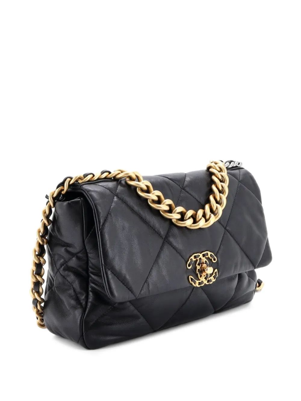 Pre-owned Chanel 19 Flap Bag Quilted Leather Large Crossbody Bag In Black