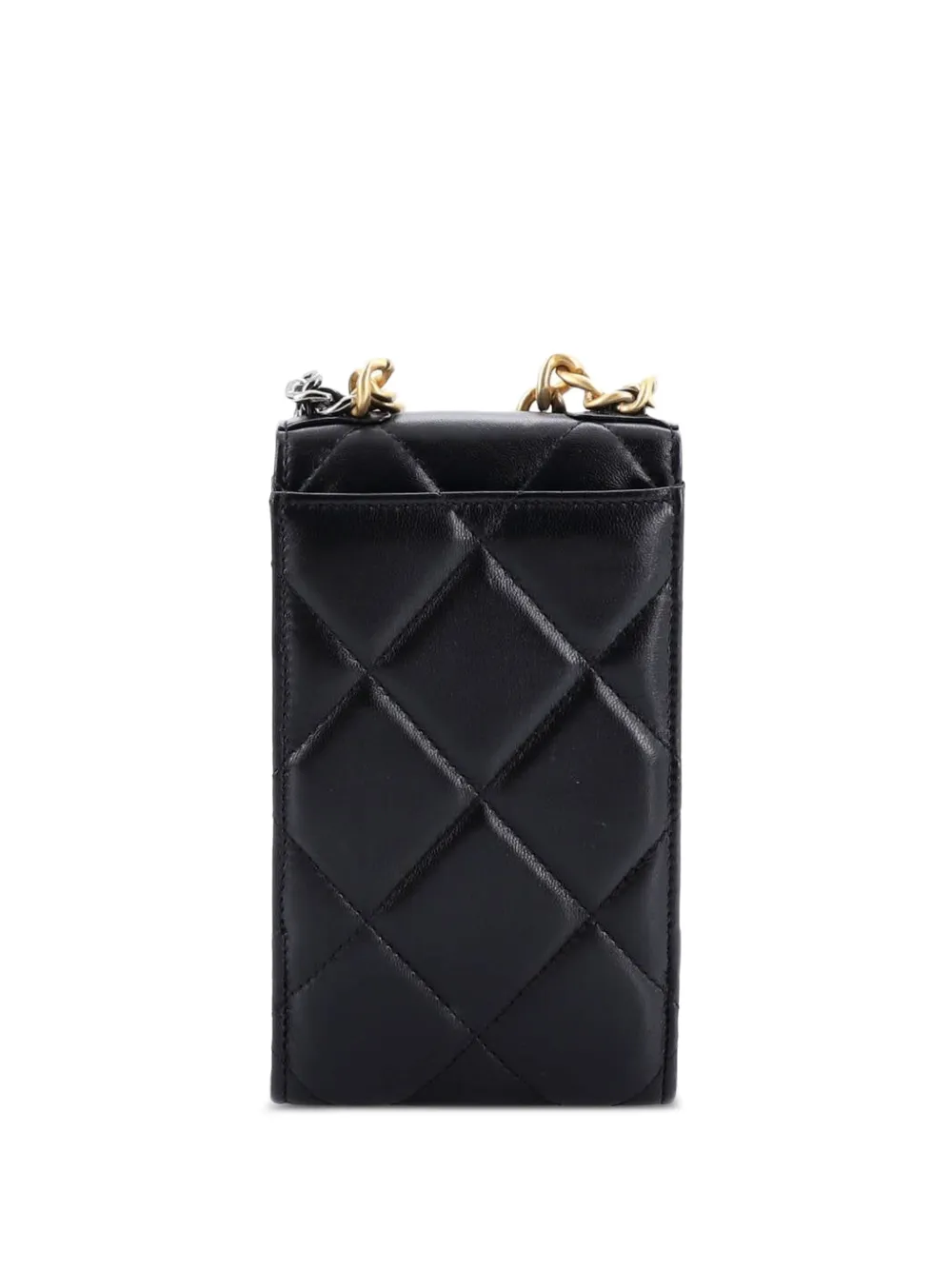 Pre-owned Chanel 19 Vertical Phone Holder With Chain Quilted Lambskin Crossbody Bag In Black
