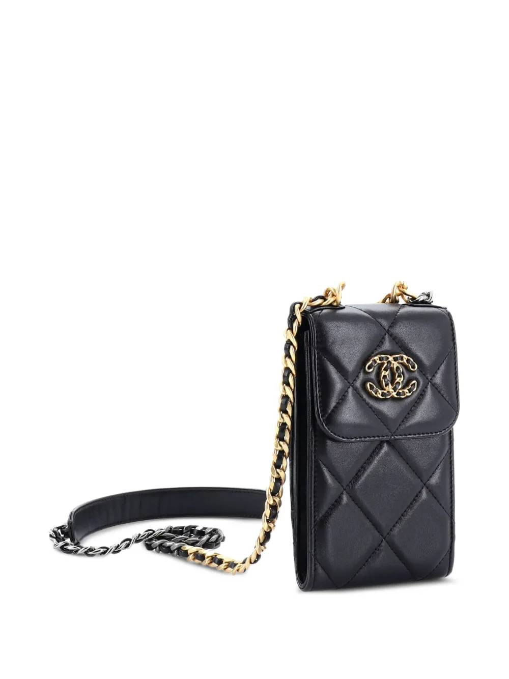 Pre-owned Chanel 19 Vertical Phone Holder With Chain Quilted Lambskin Crossbody Bag In Black