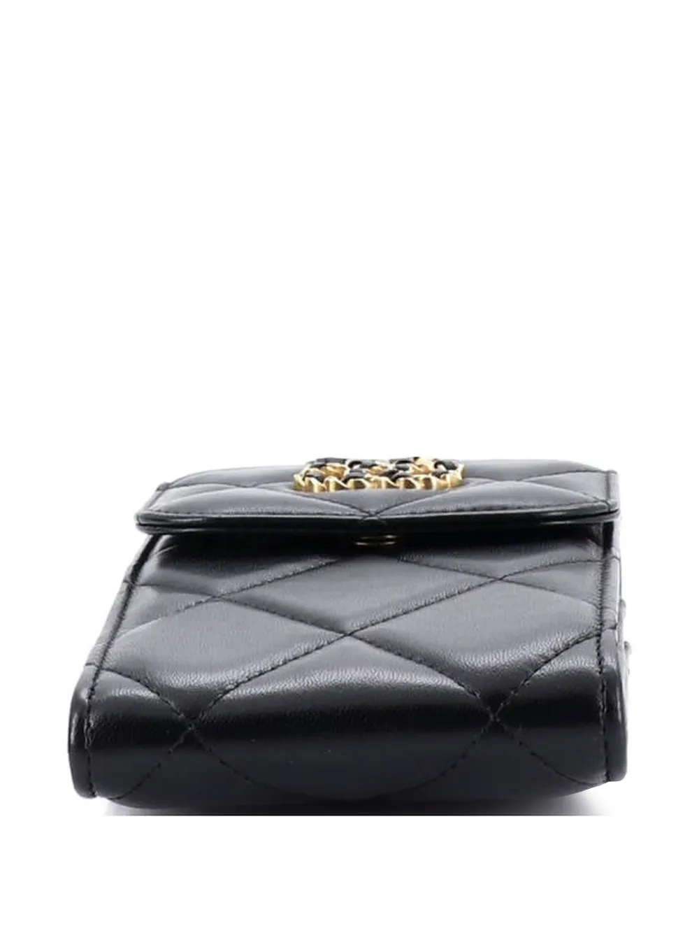 Pre-owned Chanel 19 Vertical Phone Holder With Chain Quilted Lambskin Crossbody Bag In Black