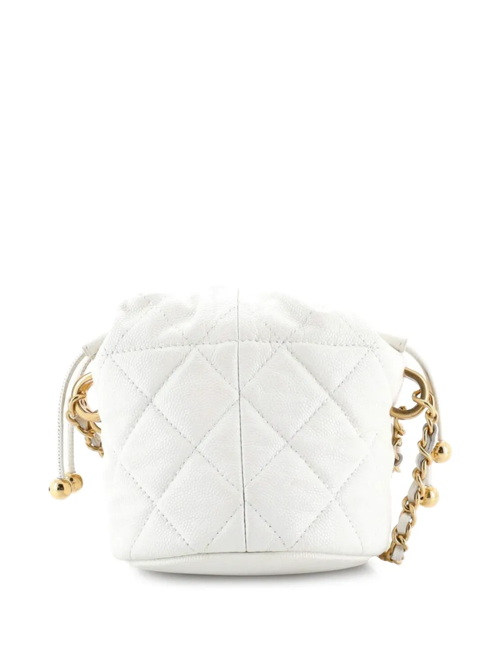 CHANEL Pre-owned Medallion Charms Drawstring Bucket Bag Quilted Caviar Mini Crossbody Bag In White