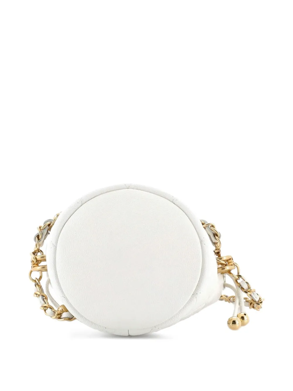 CHANEL Pre-owned Medallion Charms Drawstring Bucket Bag Quilted Caviar Mini Crossbody Bag In White