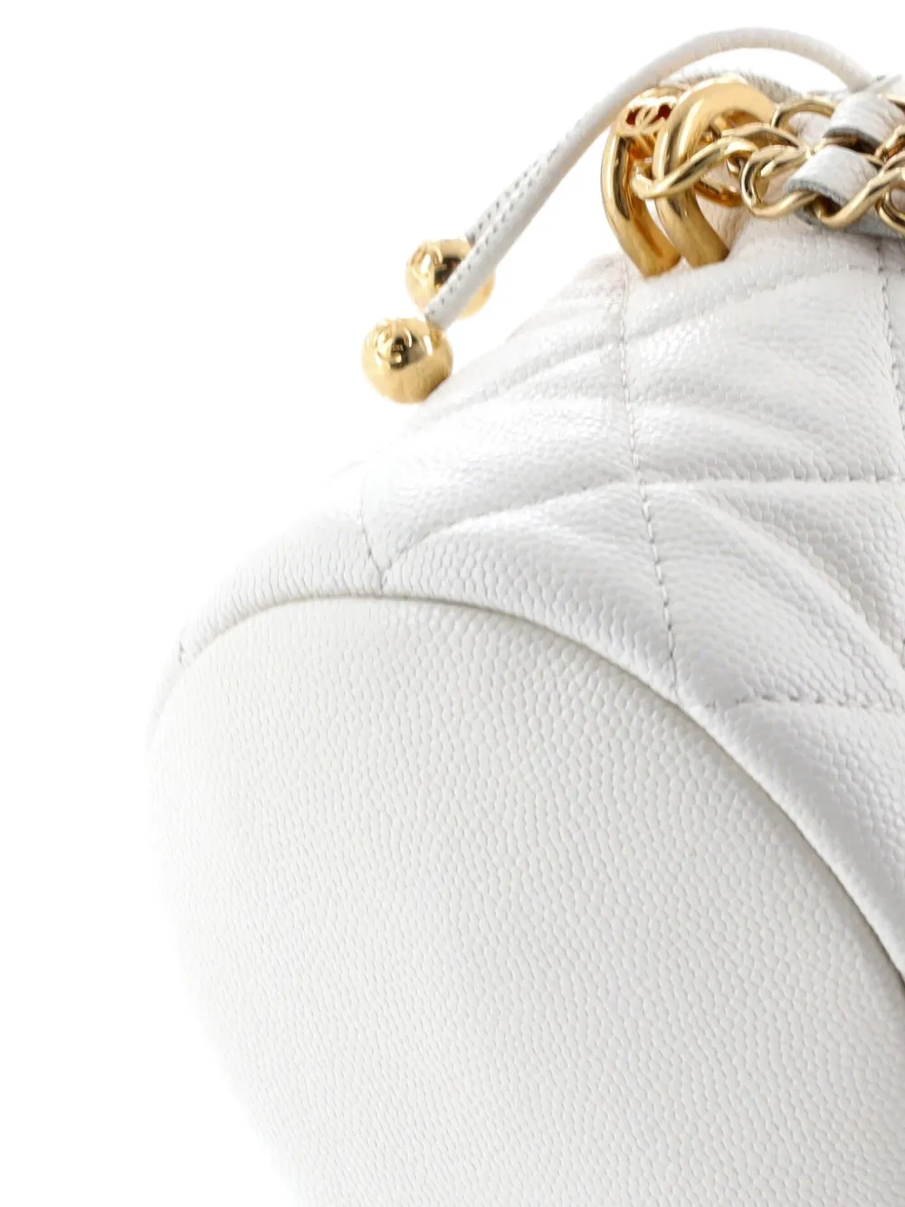 CHANEL Pre-owned Medallion Charms Drawstring Bucket Bag Quilted Caviar Mini Crossbody Bag In White