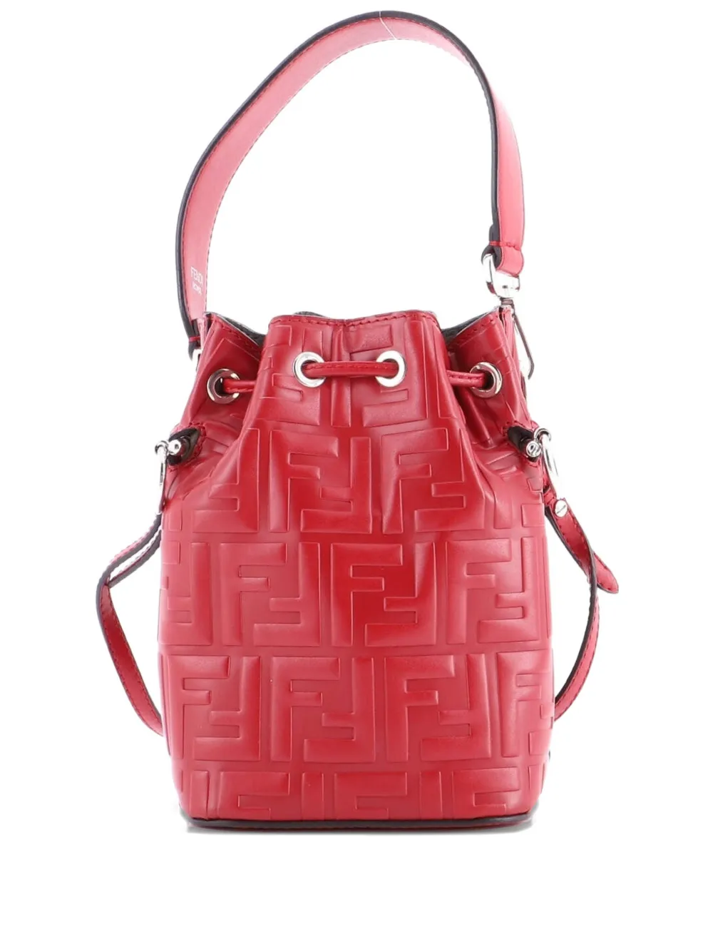 Pre-owned Fendi Mon Tresor Zucca Embossed Leather Mini Bucket Bag In Red