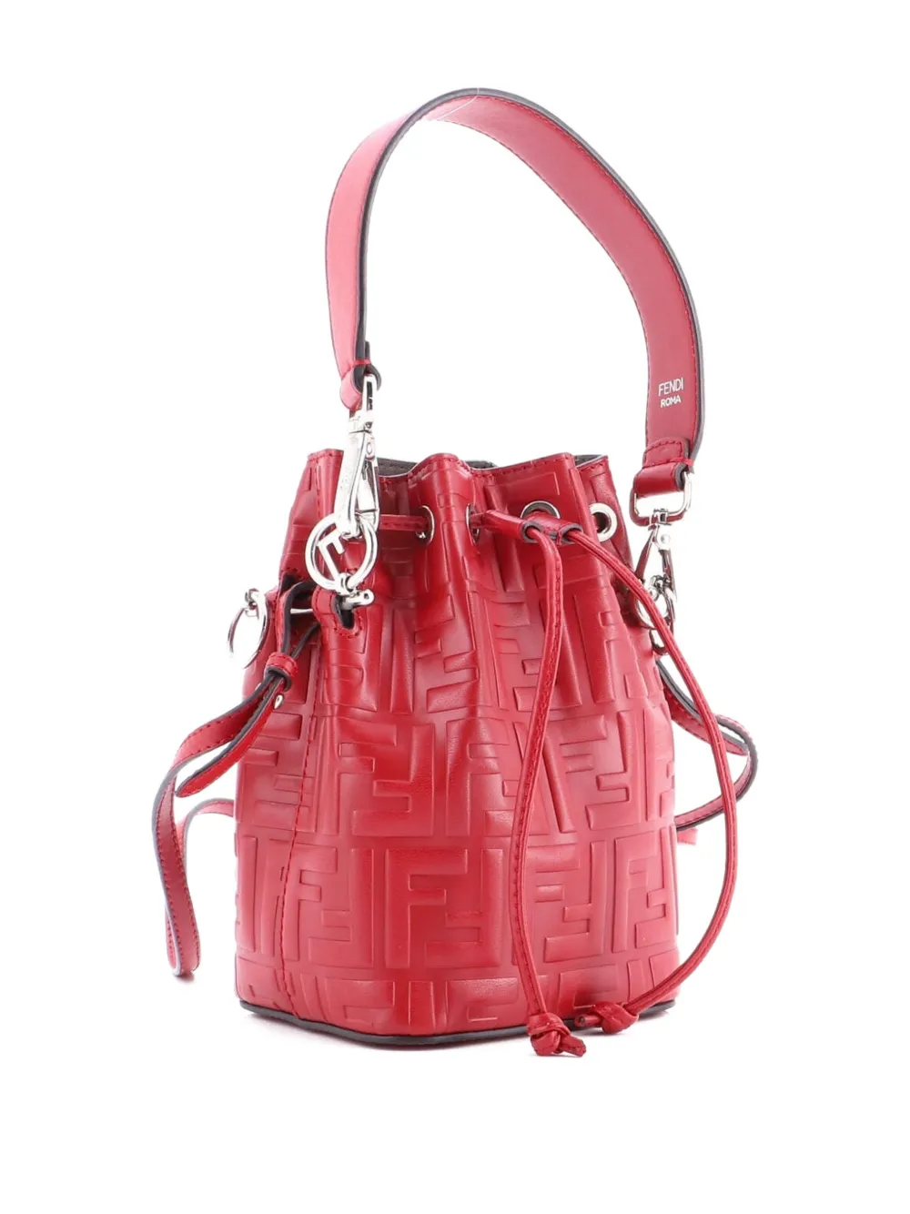 Pre-owned Fendi Mon Tresor Zucca Embossed Leather Mini Bucket Bag In Red