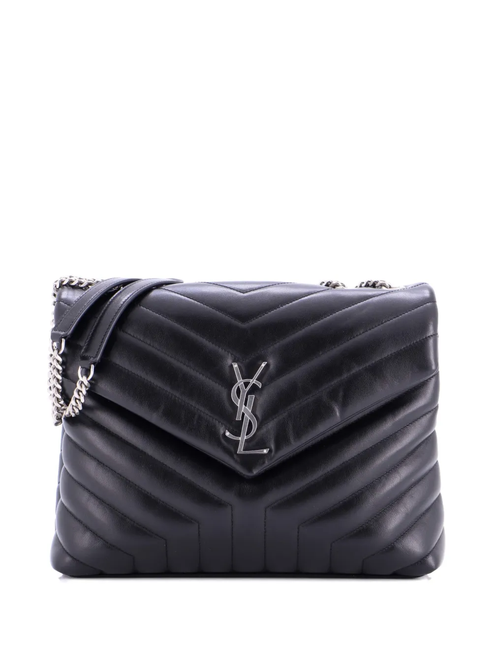 Pre-owned Saint Laurent Loulou Matelasse Chevron Leather Medium Shoulder Bag In Black