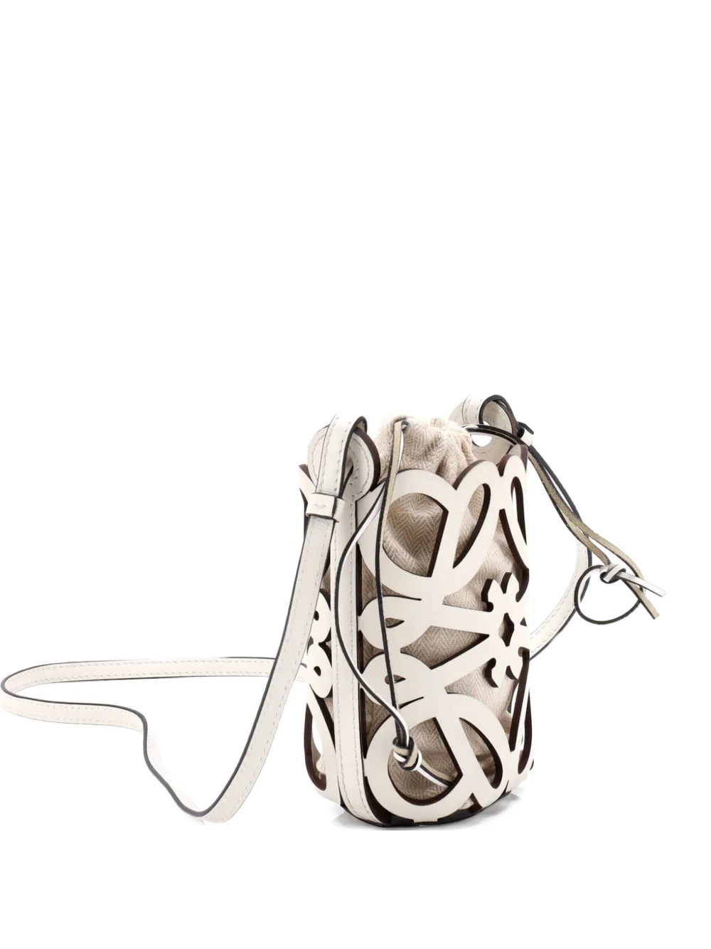 Pre-owned Loewe Anagram Drawstring Crossbody Bag Leather With Canvas Mini Bucket Bag In White