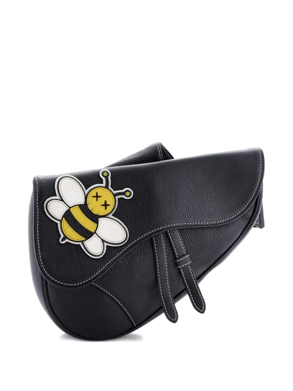 Pre-owned Dior Kaws Saddle Leather With Applique Crossbody Bag In Black