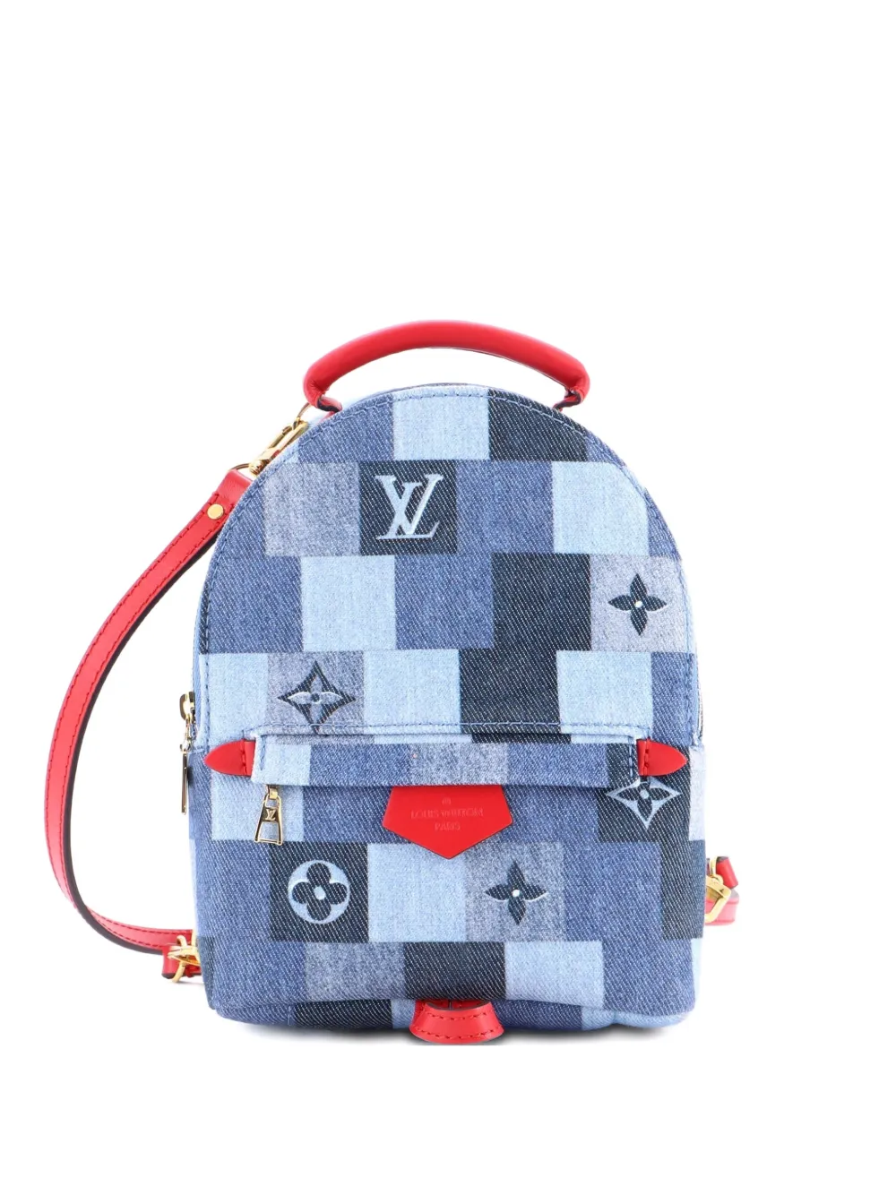 Pre-owned Louis Vuitton Palm Springs Damier And Monogram Patchwork Denim Mini Backpack In Blue