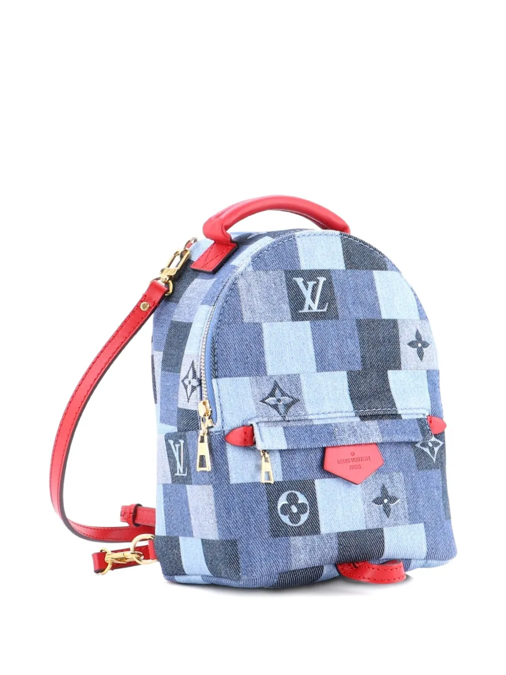Pre-owned Louis Vuitton Palm Springs Damier And Monogram Patchwork Denim Mini Backpack In Blue