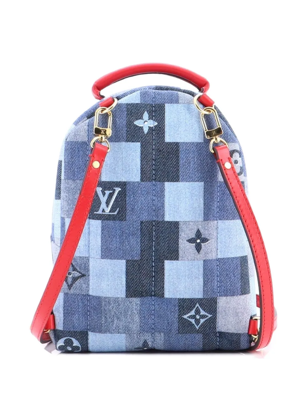 Pre-owned Louis Vuitton Palm Springs Damier And Monogram Patchwork Denim Mini Backpack In Blue