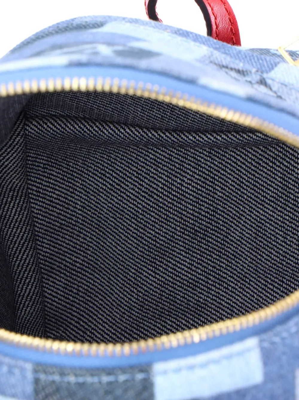 Pre-owned Louis Vuitton Palm Springs Damier And Monogram Patchwork Denim Mini Backpack In Blue