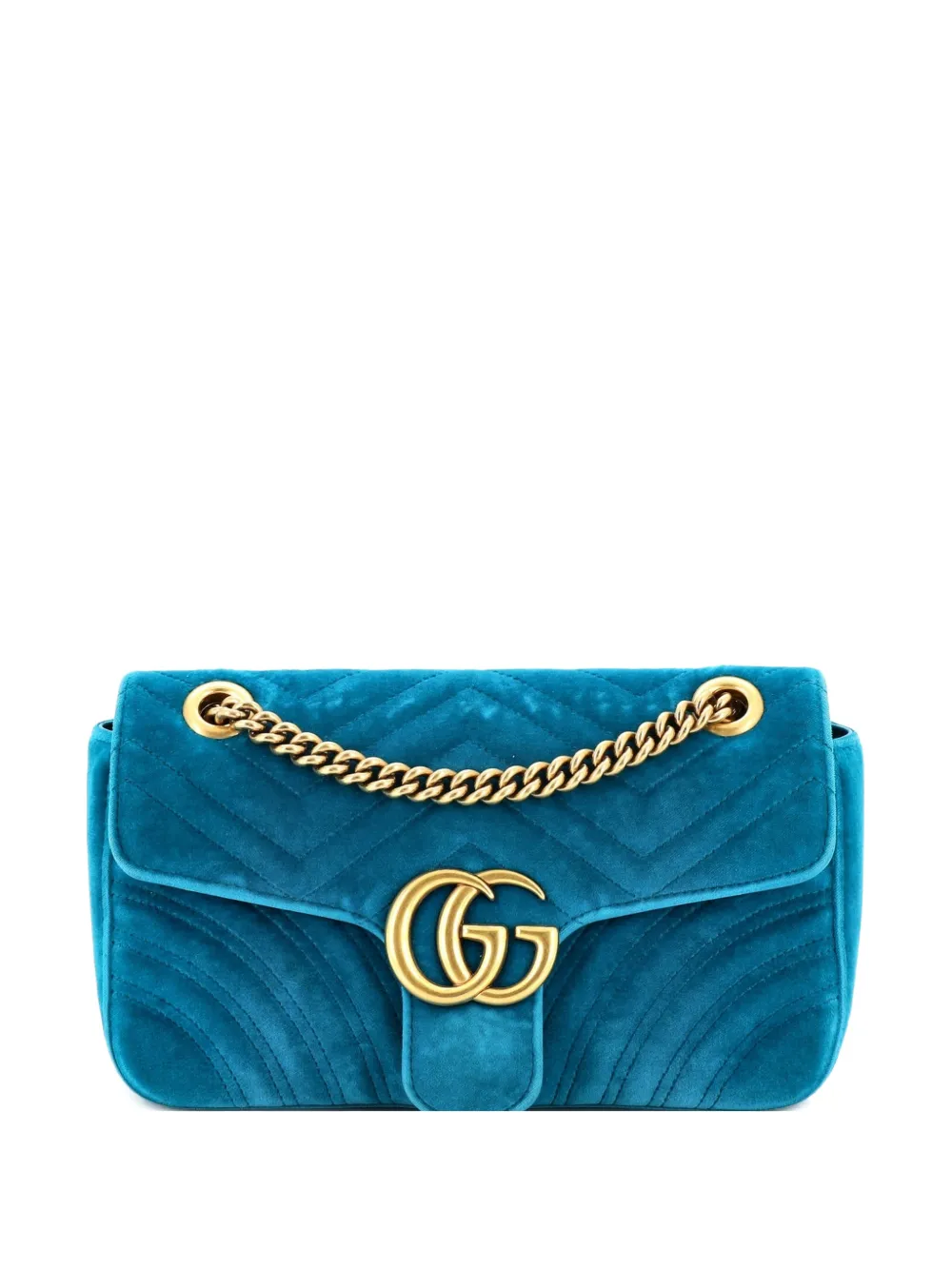 Pre-owned Gucci Gg Marmont Flap Bag Matelasse Velvet Small Shoulder Bag In Blue