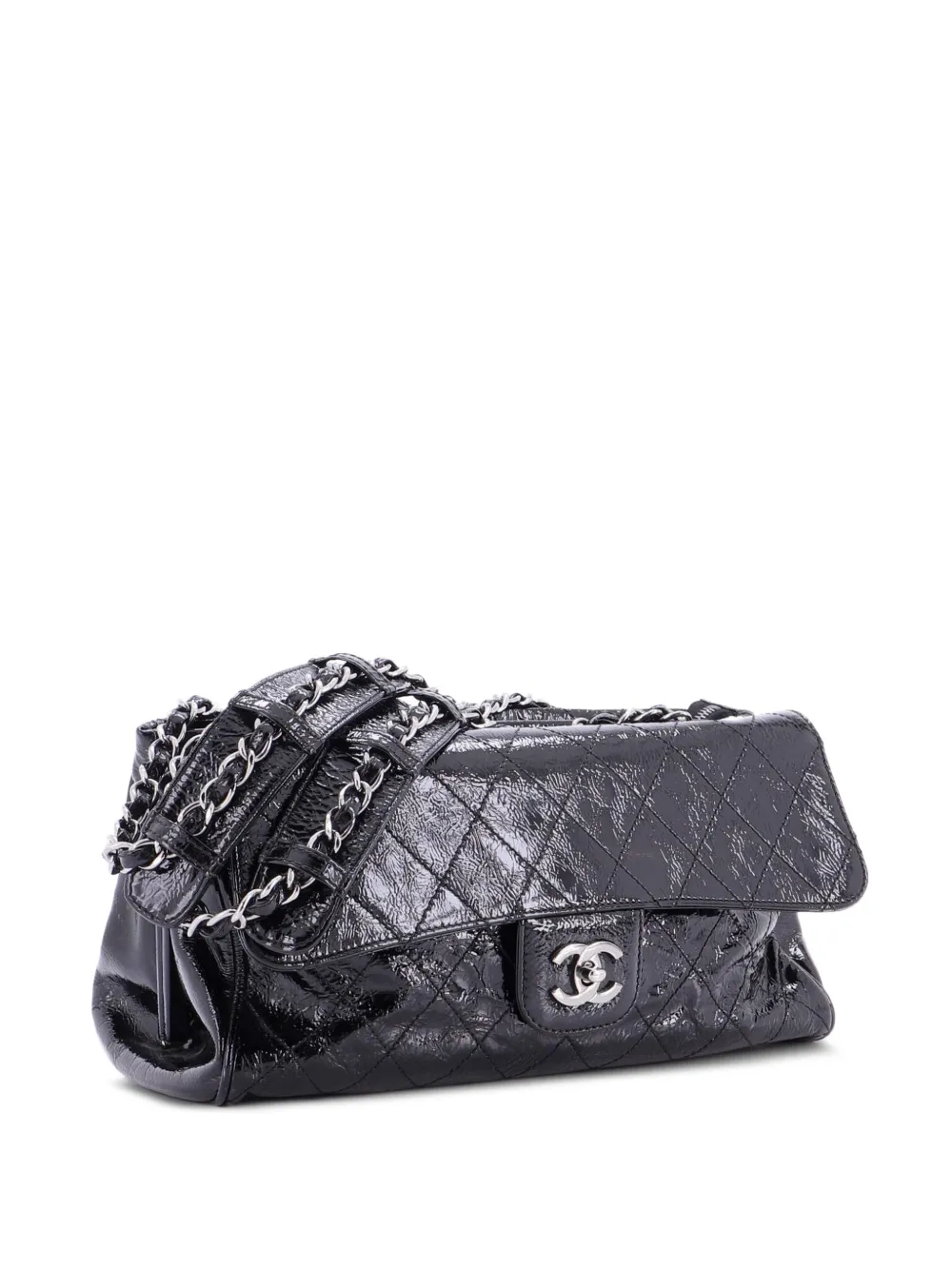 Pre-owned Chanel Ritz Flap Bag Quilted Patent Large Shoulder Bag In Black