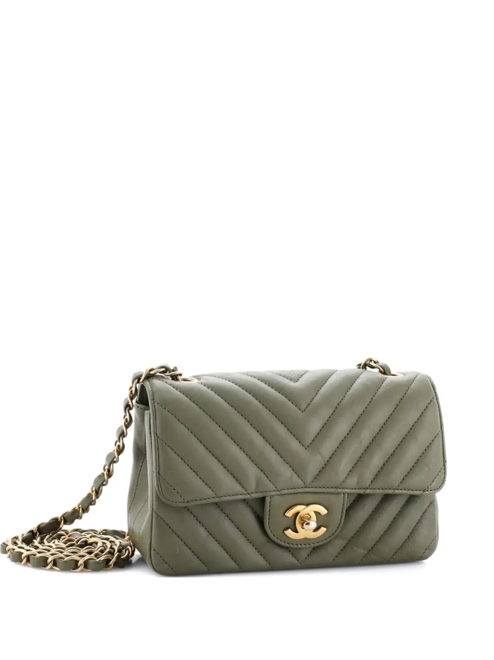 Pre-owned Chanel Classic Single Flap Bag Chevron Iridescent Crumpled Calfskin Mini Crossbody Bag In Green