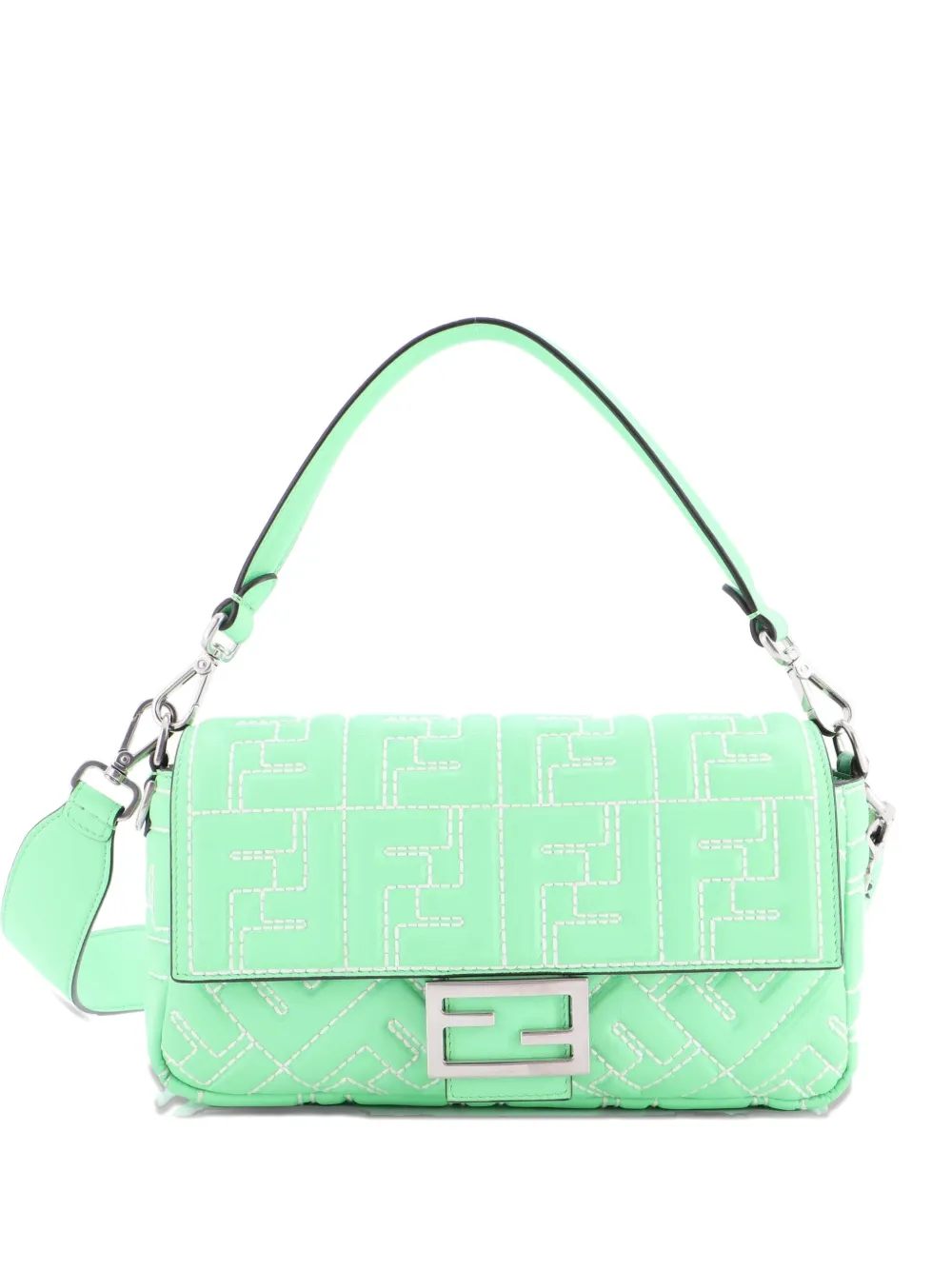 Pre-owned Fendi Baguette Nm Bag Zucca Stitched Embossed Leather Medium Crossbody Bag In Green